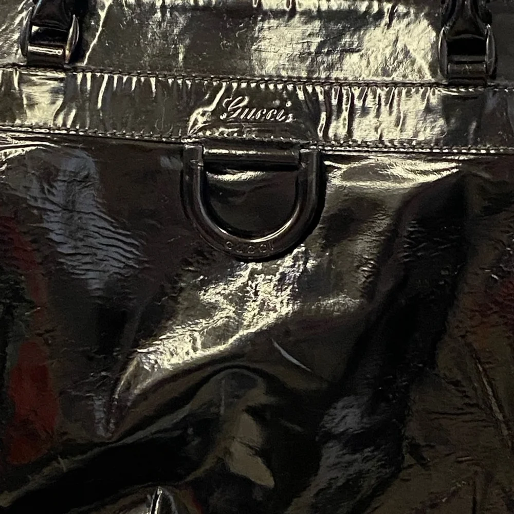 GUCCI Black Patent Leather Horsebit Tote Shoulder Bag - Recolored